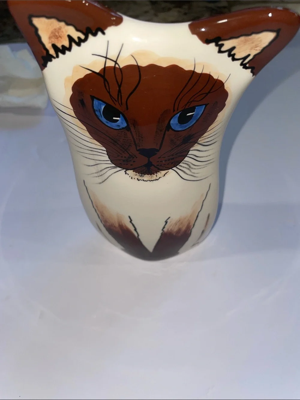 2001 Nina Lyman 8” Cream & Brown Cat Vase with Blue Eyes